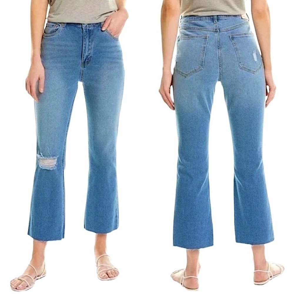 Avec Les Filles High Rise Distressed Knee Raw Hem boot Crop Jean 28